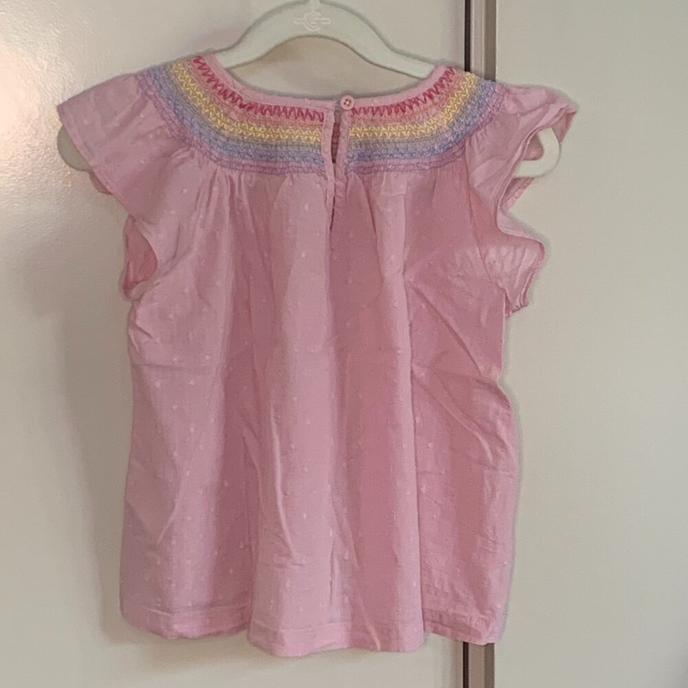 Mini Boden Pink Embroidered Top 5-6Y Rainbow Smocked Yoke Boho Cotton Blouse - Picture 2 of 3